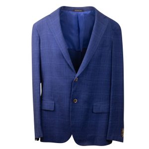 Blauer karierter einreihiger Blazer aus Leinenmischung