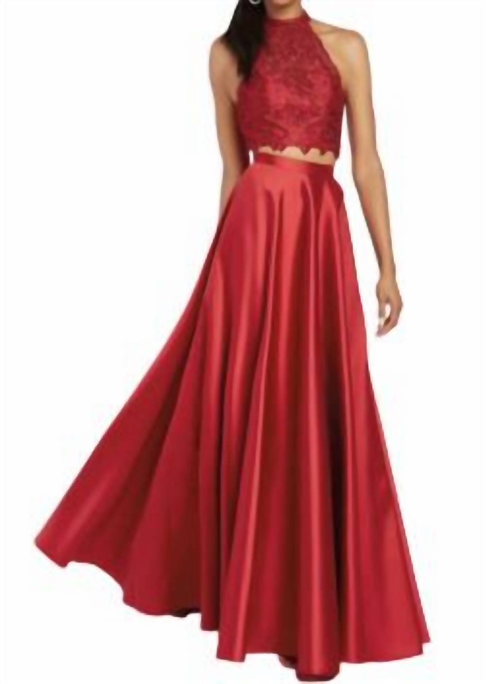 Zweiteiliges Kleid aus Mikado und Spitze in Claret
