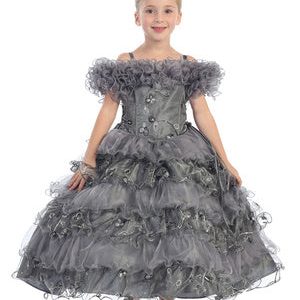 Silberfarbenes Mädchen-Ballkleid im Prinzessinnenstil mit Rüschen – Größen 2–8