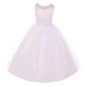 Weißes Kleid für junge Brautjungfern aus Tüll mit Perlen und Strass, Größen 8–12