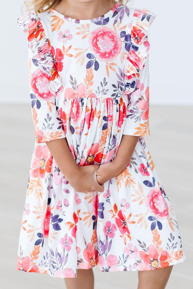 Leaves Kleid mit schwingendem Rock – Mandarinenfarben, Rüschen