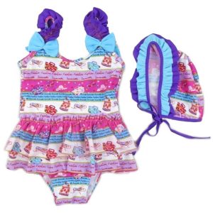 Lila-blauer Mädchen-Badeanzug mit modischem Druck, Rüschen und Badekappe, Größen 2T–7