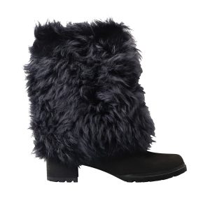 Stuart Weitzman Blizzard halbhohe Fellstiefel aus schwarzem Veloursleder