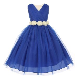 Royalblau-elfenbeinfarbenes Blumenmädchenkleid aus Tüll mit Chiffon-Blumenbindegürtel, Größen 2–6