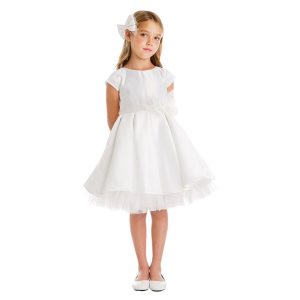 Cremeweißes Blumenmädchenkleid aus Satin mit durchgehenden Falten und Schleife, Größen 2–6