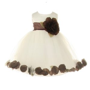 Baby-Blumenmädchenkleid aus Satin und Tüll mit Blütenblattverzierung – Elfenbein/Braun, 6–24 Monate