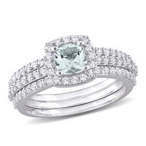 Mimi & Max dreiteiliges Brautring-Set aus Sterlingsilber mit Aquamarin und synthetischen weißen Saphiren – 1 1/3 ct TGW