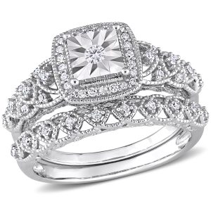 Mimi & Max 1/3ct TDW Brautring-Set – Sterlingsilber, Diamant, eckige Form, Halo-Besatz