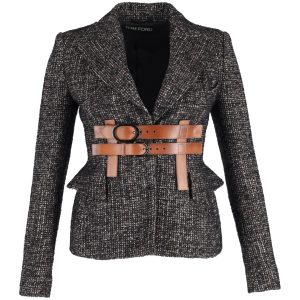 Tom Ford Couture Tweedjacke aus grauer Wolle mit Lederbesatz