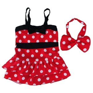 Rot-schwarzer Mädchen-Badeanzug mit Punkten und Mickey-Stirnband, Größen 2T–7