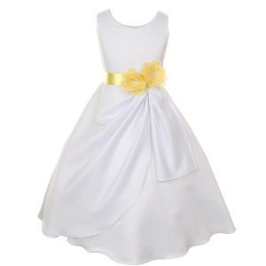 Festliches Mädchenkleid aus mattem Satin mit Paillettenblumen – Weiß/Gelb, 8–14