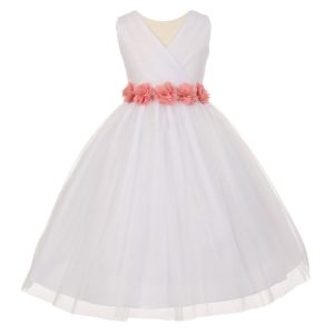 Big Flowers 8-14 Junior-Brautjungfernkleid – Chiffon, Tüll, Mädchen, Weiß, Altrosa