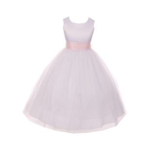 Weiß-rosa Kleid für junge Brautjungfern mit Satinbindegürtel und Schleife, Größen 8–14