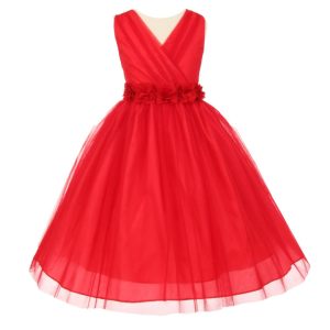 Rotes Blumenmädchenkleid aus Crystal-Tüll mit Chiffon-Blumenbindegürtel, Größen 2–6