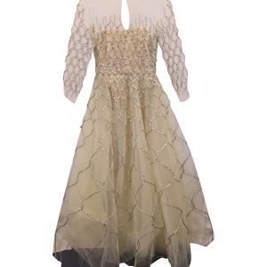 Oscar de la Renta Abendkleid aus cremefarbenem Tüll mit Schnurdetails und Viertelärmeln – 7748636278844