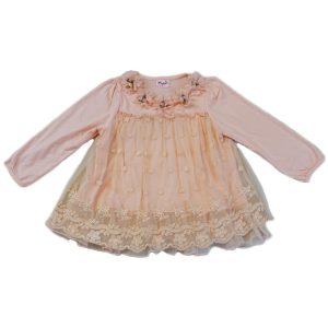 Korallenfarbenes Mädchen-Shirt mit Spitzenüberzug und Blumenverzierung, S (9–24 M)–XL (6–8)