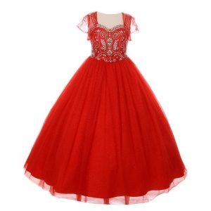 Rotes Mädchen-Festkleid mit Strass, Tüll und Bolero, Größen 4–6