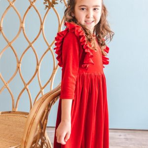 Kleid mit schwingendem Rock – Samt, Rüschen, Rot