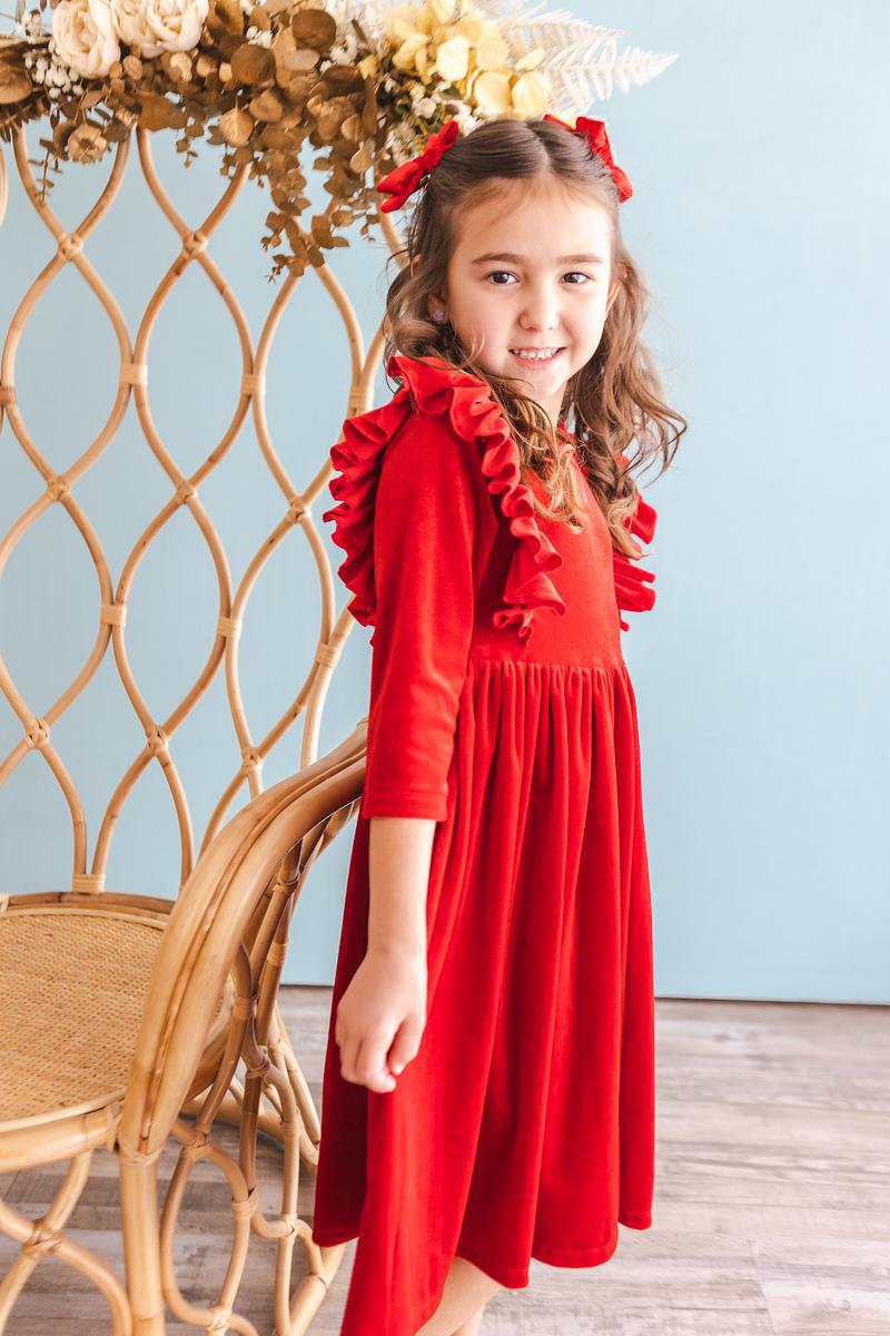 Kleid mit schwingendem Rock – Samt, Rüschen, Rot