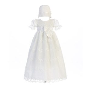 Camilla weißes Baby-Mädchen-Taufkleid mit Bandschleife und Hut, 0–18 Monate