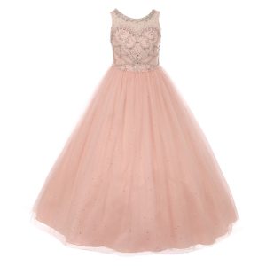 Altrosa bodenlanges Mädchen-Festkleid aus Glitzertüll mit Kristallen, Größen 8–16
