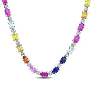Mimi & Max Tennis-Halskette mit mehrfarbigen synthetischen Saphiren aus Sterlingsilber, 24 1/2 ct TGW