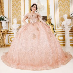 Schulterfreies Quinceañera-Ballkleid für Damen mit Spitze und perlenbesetzten Applikationen, Größen 4/XS–16/3X