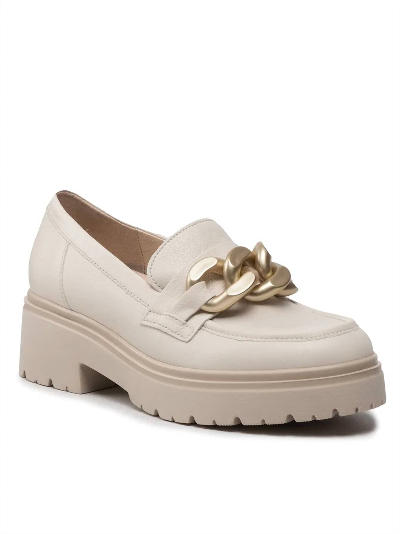 Klobige Damen-Loafer – Creme mit goldfarbener Verzierung