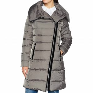 Brooklyn langer asymmetrischer Puffermantel in Mink Gray