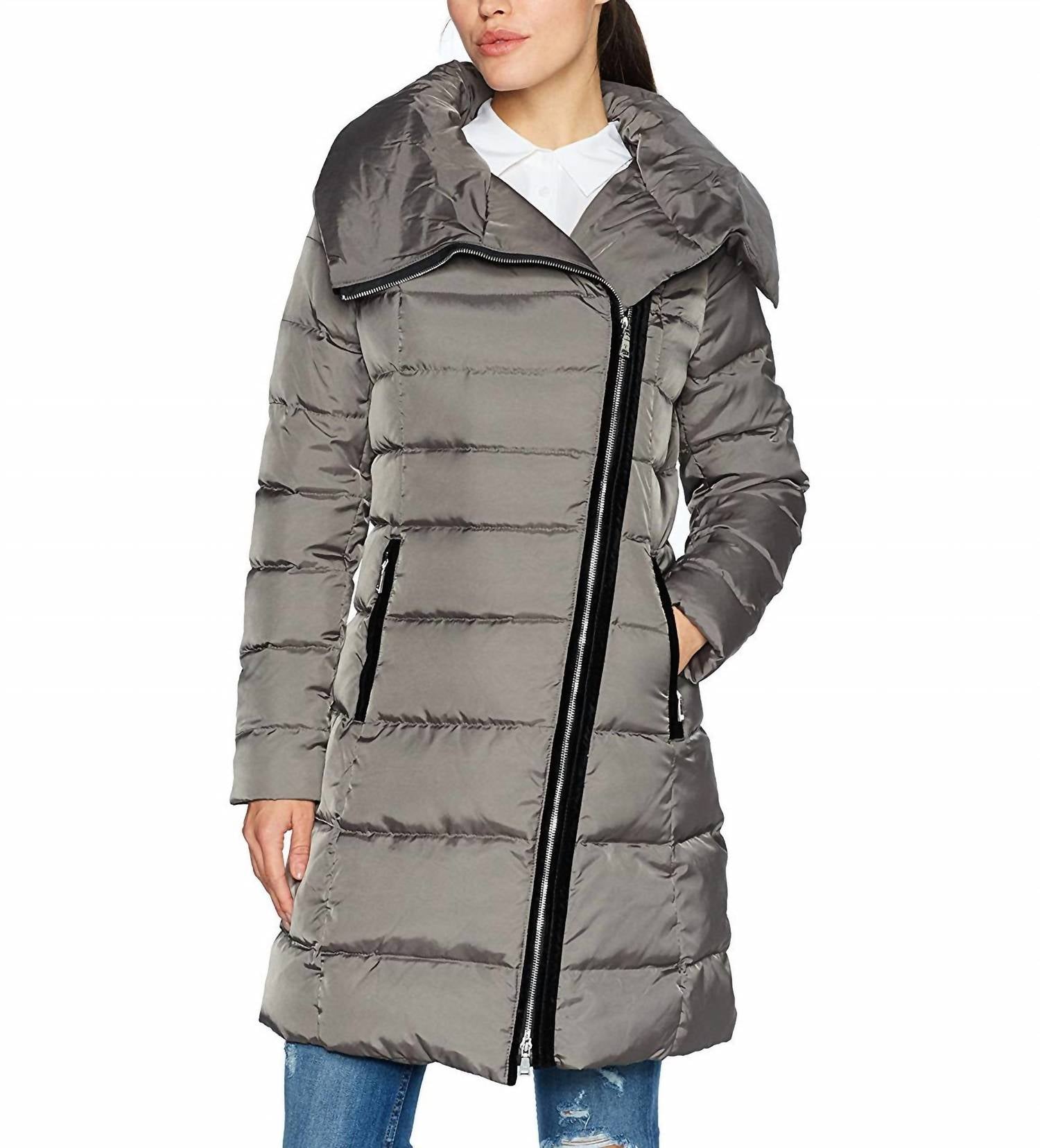 Brooklyn langer asymmetrischer Puffermantel in Mink Gray