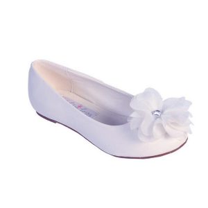 Weiße Mädchen-Chiffonballerinas mit Strass und Blume, Kindergrößen 1–4