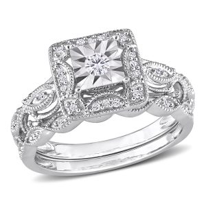 Mimi & Max 1/5ct TDW Brautring-Set – Sterlingsilber, Diamant, eckige Form, Halo-Besatz