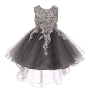Silberfarbenes Kleid für junge Brautjungfern aus Tüll mit 3-D-Blumenapplikationen und Vokuhila-Saum, Größen 8–12