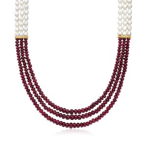 Ross-Simons Halskette mit Zuchtperlen, 4,5–5 mm, und Rubinperlen mit 18 kt vergoldetem Sterlingsilber
