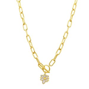 Halskette mit weißen Perlmutt-Blumen, Knebelverschluss und Büroklammergliedern – Goldfarben