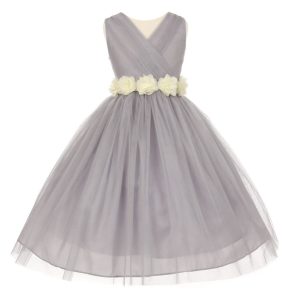 Big Flowers 8-14 Junior-Brautjungfernkleid – Chiffon, Silber, Tüll, Mädchen, Elfenbein