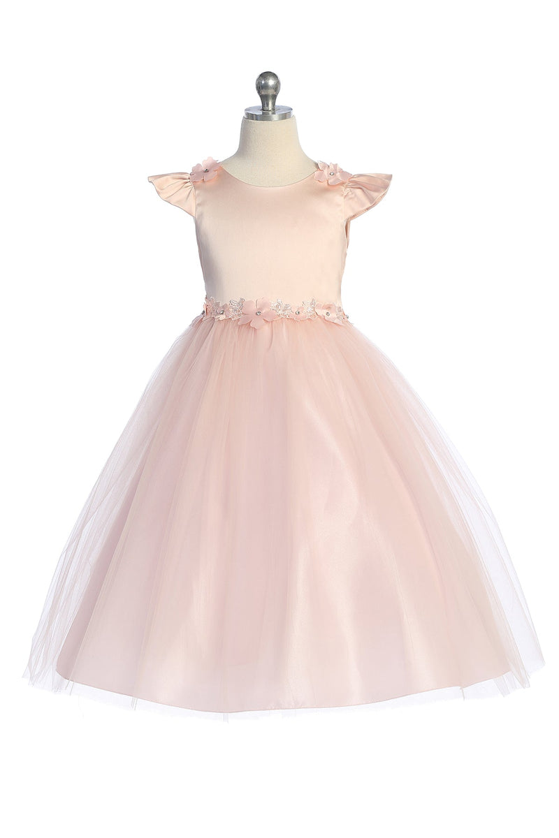 Blumenmädchenkleid mit Flatterärmeln und Blumenapplikationen, Größen 2–14