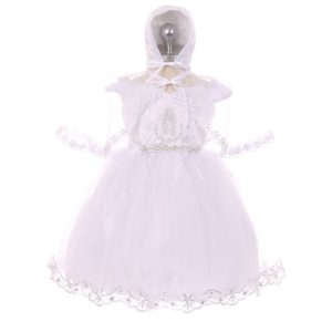 RainKids weißes Baby-Mädchen-Taufkleid mit Marien-Detail, Haube und Cape, 3–24 Monate