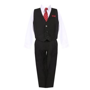 Schwarz-weißer fünfteiliger Baby-Jungen-Anzug mit Hemd, Weste, Hose, Krawatte und Einstecktuch, 3–24 Monate