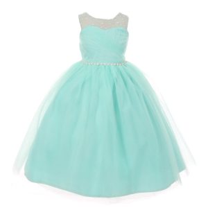 RainKids aquafarbenes Kleid für junge Brautjungfern mit transparenten Details, Perlen und Strass, Größen 8–12