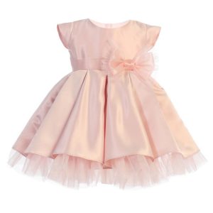 Rosa Baby-Mädchen-Blumenmädchenkleid aus Satin mit durchgehenden Falten und Schleife, 6–24 Monate