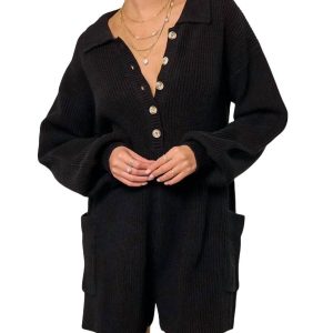 Schwarzer Strick-Kurzoverall mit Knöpfen – 7732455178300