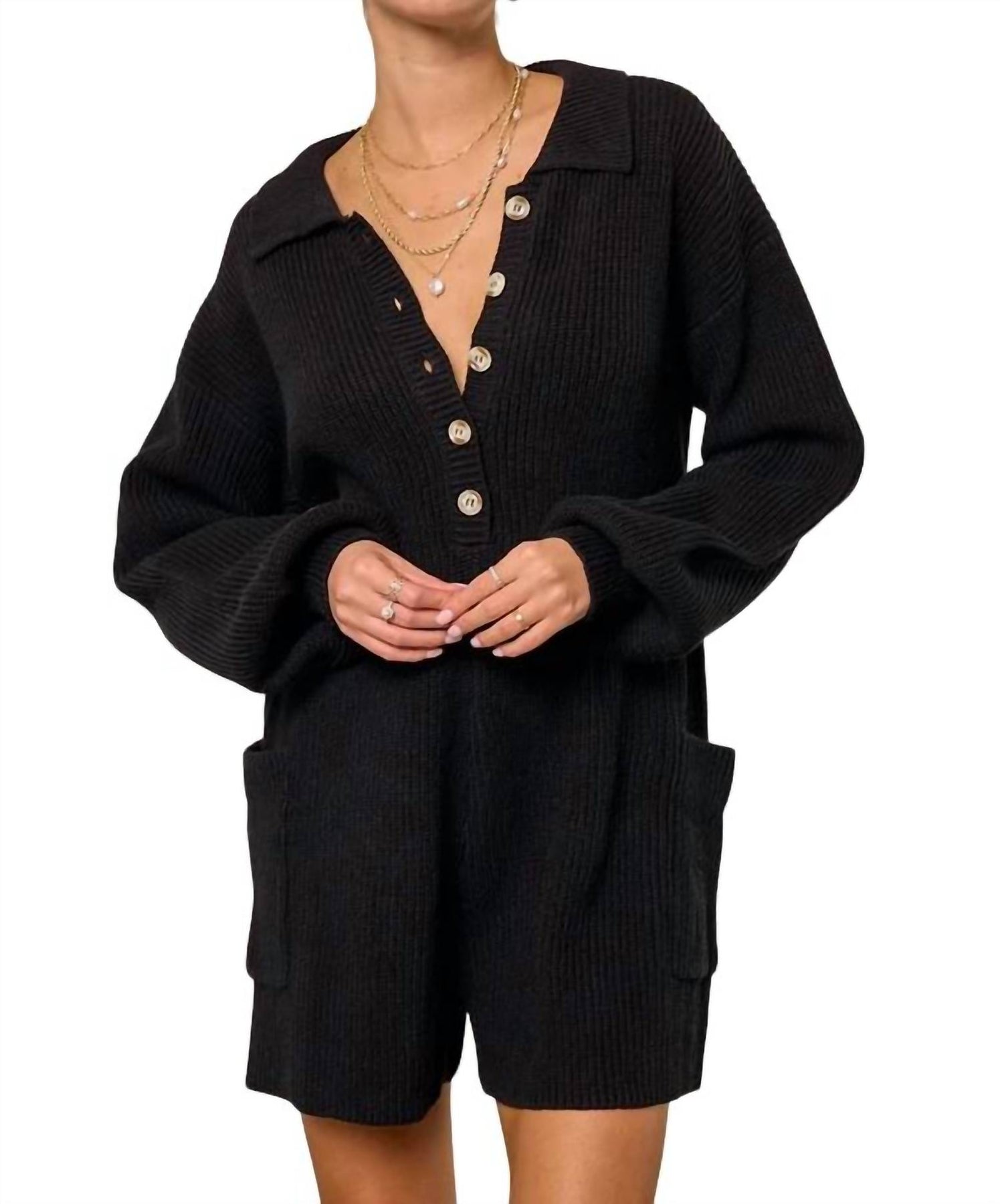 Schwarzer Strick-Kurzoverall mit Knöpfen – 7732455178300
