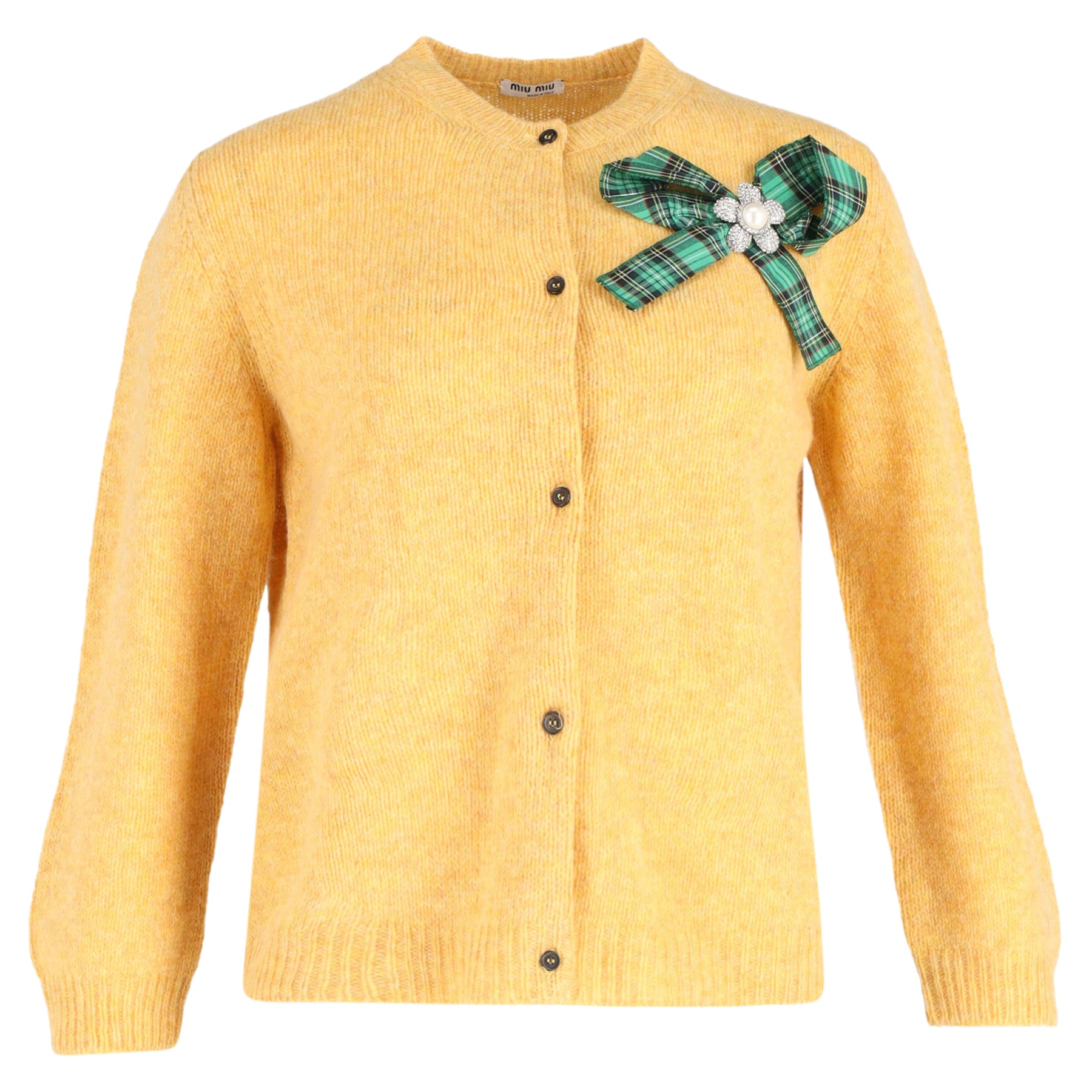 Miu Miu Strickjacke mit Schleifendetail aus gelber Schurwolle