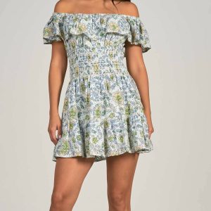 Schulterfreies Rüschenkleid mit Blumenmuster in Weiß