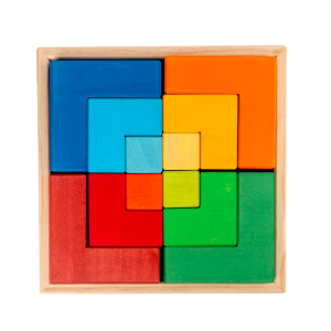 12 große gebeizte quadratische Holz-Regenbogen-Puzzlebausteine mit Aufbewahrungstablett