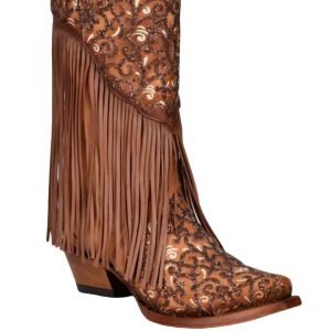 Cowboy Stiefel – Stickerei, schmale eckige Zehenpartie, Damen, überlagerte Applikationen, Fransen, Weiß, Honigfarben, Lammleder