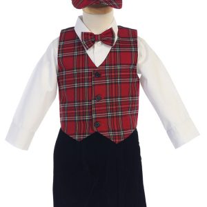 Rot-schwarzes Jungen-Outfit mit karierter Weste und Samt-Kniebundhose, Größen 2T–5