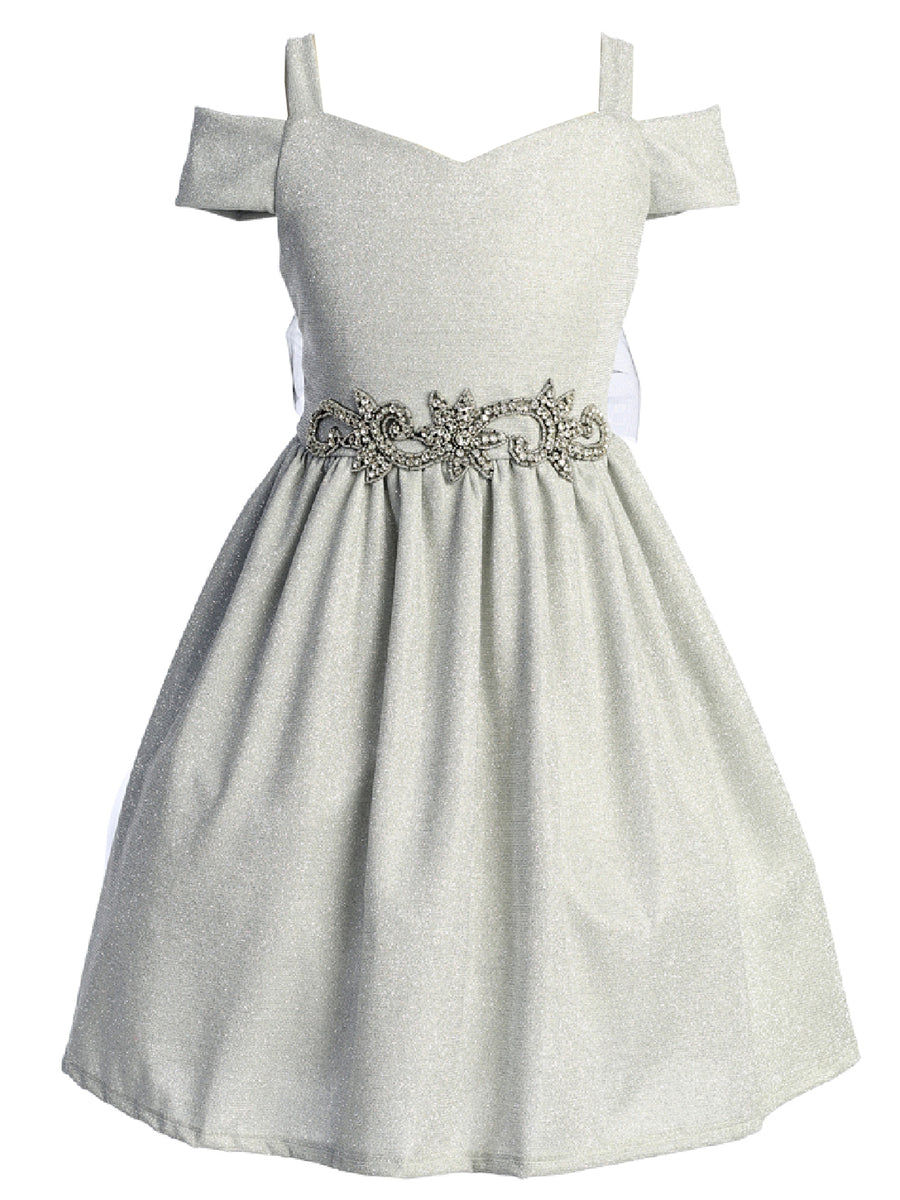 Funkelndes schulterfreies Blumenmädchenkleid, Größen 4–16