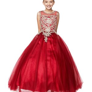 Mehrfarbiges Blumenmädchenkleid mit goldfarbenem Strass, Kordelverzierung und transparenten Details, Größen 4–16